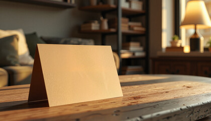 Blank card on wooden table in cozy living room setting  