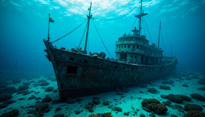Abandoned shipwreck submerged in clear ocean waters  