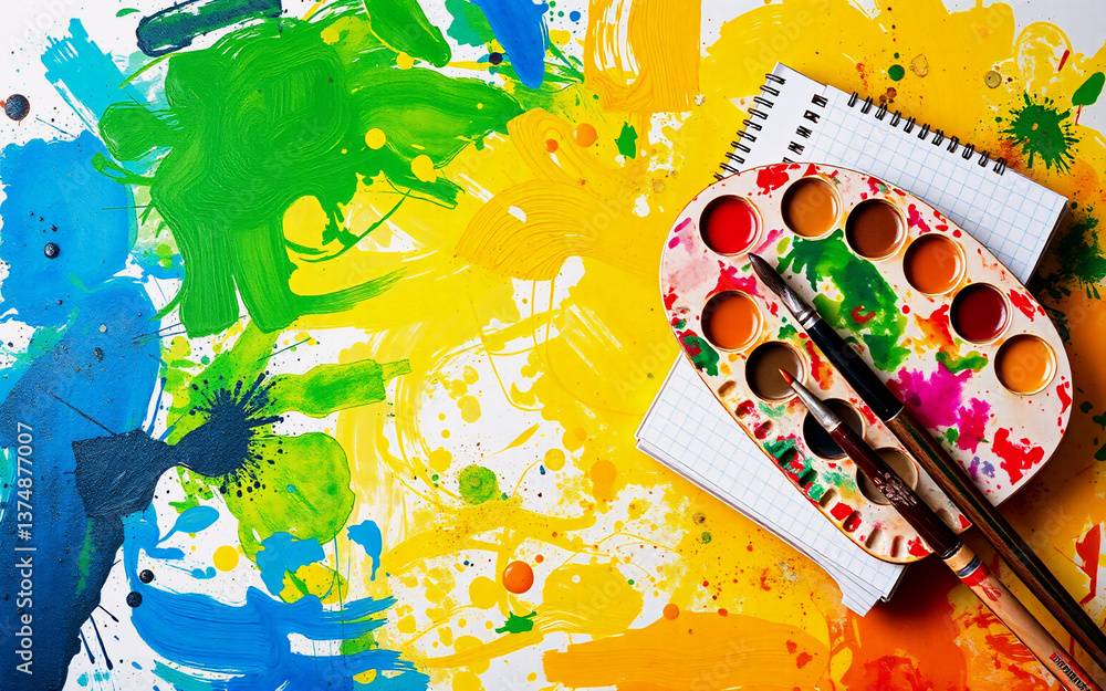 Poster vibrant paint splatters create an abstract background with artistic tools. a palette, brushes, and n
