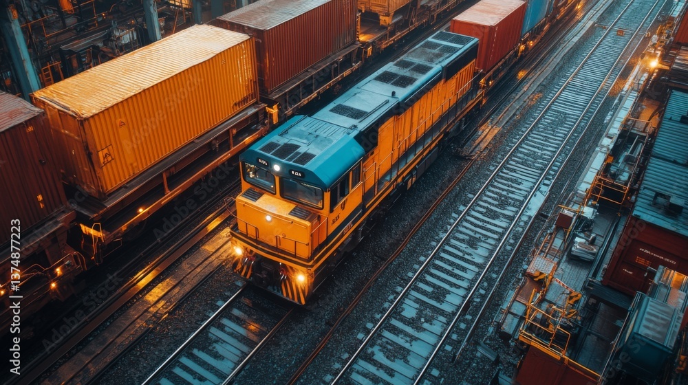 Poster a freight train moves through a cargo terminal lined with colorful shipping containers as dusk settl