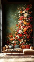 Vibrant Floral Mural Above Cozy Sofa, Creating a Warm and Inviting Living Space

