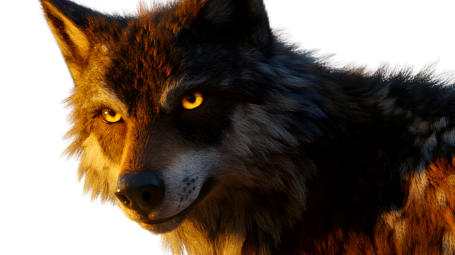 Closeup portrait of a wolf with glowing eyes at sunset wildlife photography