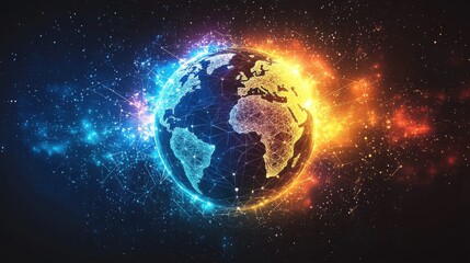 Obraz premium A glowing digital earth showcases a global network of connections with vibrant, abstract designs.