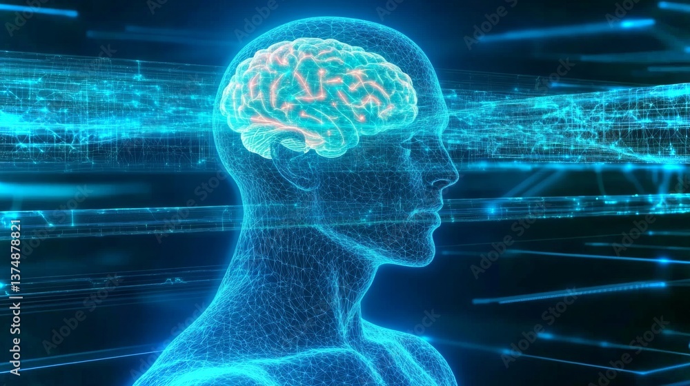 Poster futuristic individual meditating with advanced neural technology in a serene environment