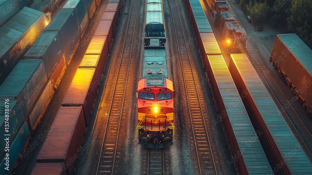 Aufkleber A freight train navigates an intermodal yard filled with colorful cargo containers as twilight sets in, illuminating the area with warm light. The logistics hub is alive with activity.