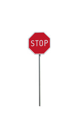 Road sign stop, front view. On isolated transparent background.