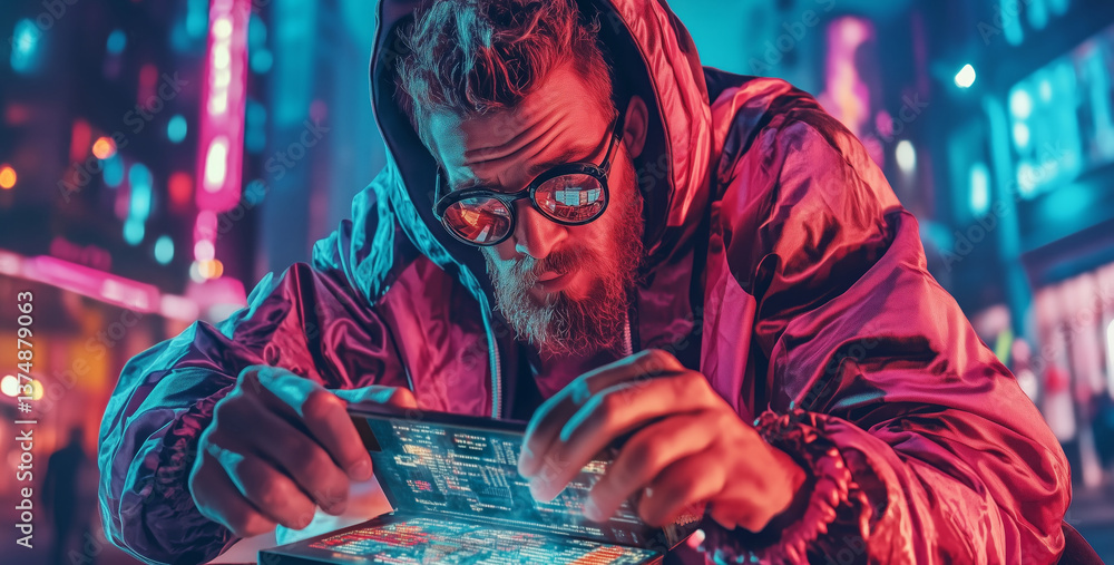 Aufkleber a cybersecurity expert studies data breach risks on a portable device in a vibrant urban setting. ne
