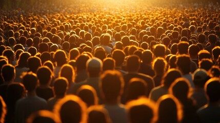 Fototapeta premium Golden Hour Crowd: A Sea of Silhouettes Basking in the Sunset's Embrace