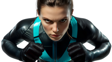Closeup portrait of determined female athlete in black sportswear intense facial expression