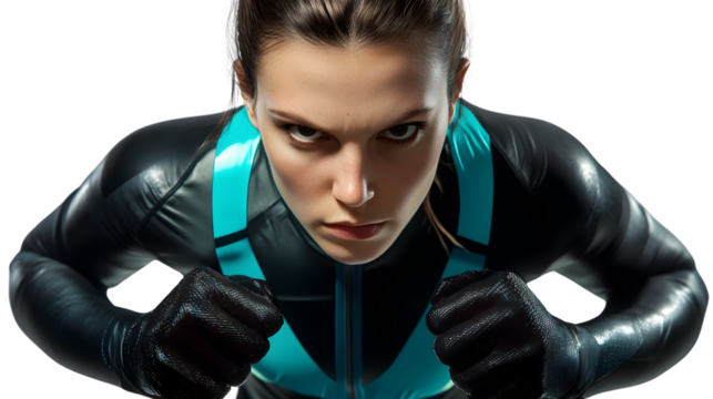 Closeup portrait of determined female athlete in black sportswear intense facial expression