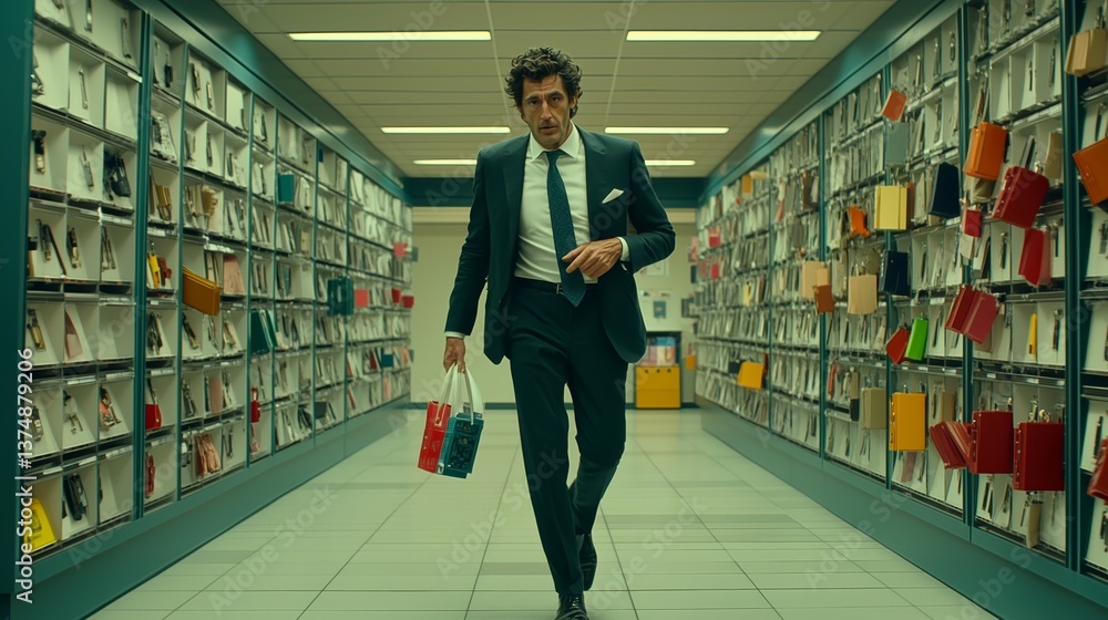 Poster a business professional in a suit walks confidently through a sleek cybersecurity facility, surround