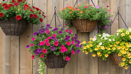 Fototapeta premium Vibrant calibrachoa overflowing hanging baskets, wooden wall backdrop, vertical garden, flower pots 