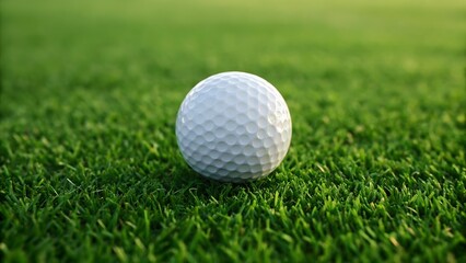 Detailed shot of a golf ball placed on neatly trimmed green grass , golf, ball, close-up
