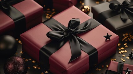 Chic maroon and black gift boxes with ribbons create an elegant festive holiday scene.