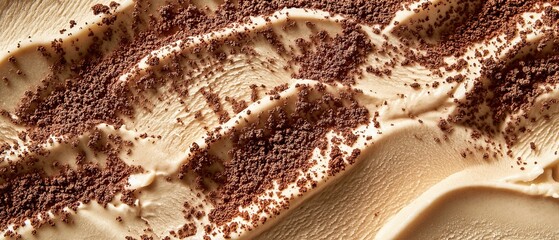 Tiramisu flavor gelato - full frame background detail. Close up of a creamy surface texture of Tiramisu and chocolate powder