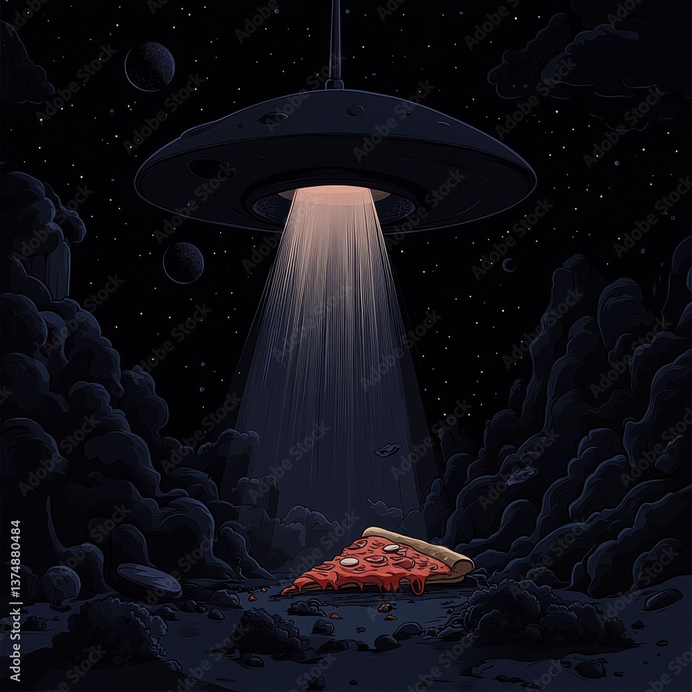 Aufkleber fun ufo character beams up a slice of pizza in a quirky cosmic adventure generative ai