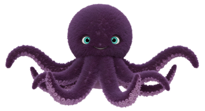 Purple Octopus Character Smiling Floating on a White Isolated Background