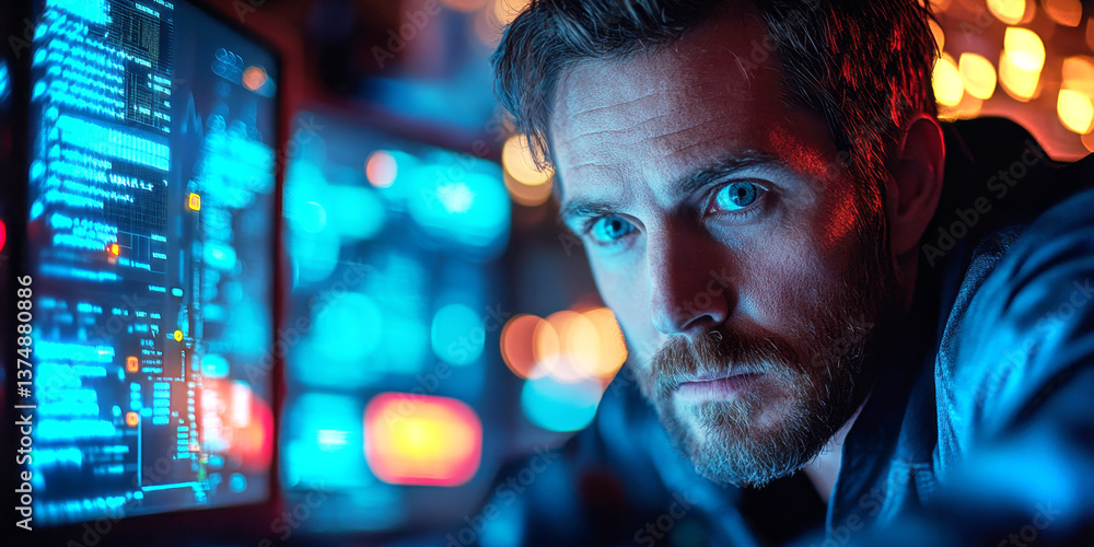 Poster A cybersecurity expert examines data and monitors potential risks on multiple screens while working in a dimly lit room filled with illuminated technology.