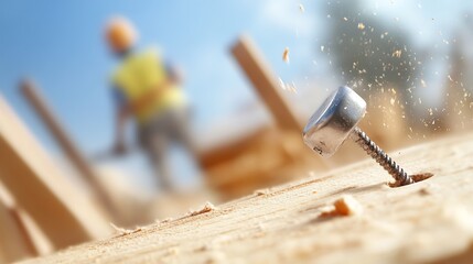 Close-up of a screw being driven into wood with a blurred construction worker in the background, showcasing an active construction site with dynamic movement
