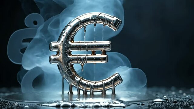 Liquid Silver Euro Symbol Dripping with Molten Metal, Representing Inflation, Currency Devaluation, and Financial Instability