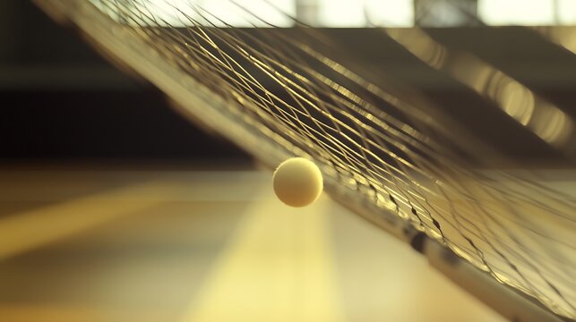 Close-up of a ping pong ball suspended just above a net with a blurred gymnasium background highlighting dynamic movement and tension