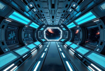 Futuristic Spaceship Interior with Glowing Blue Panels and Space View