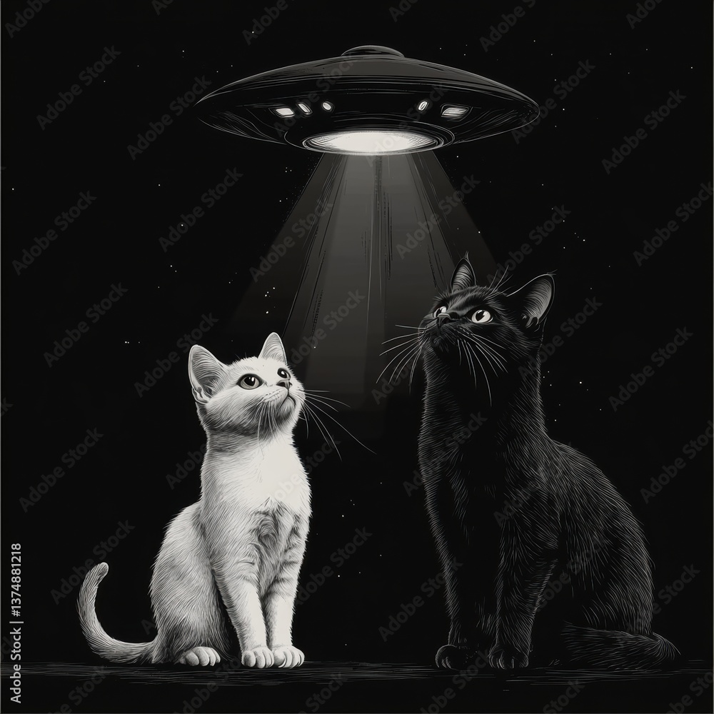 Poster funny ufo character abducts curious cat in quirky design for t-shirts generative ai