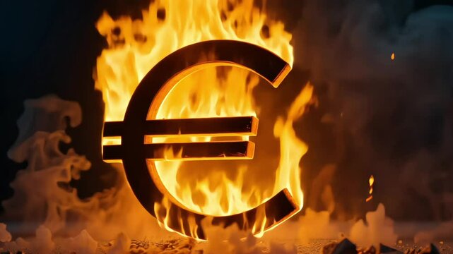 Fiery Euro Symbol Cracking Under Heat and Pressure, Depicting Economic Crisis, Hyperinflation, and Market Volatility