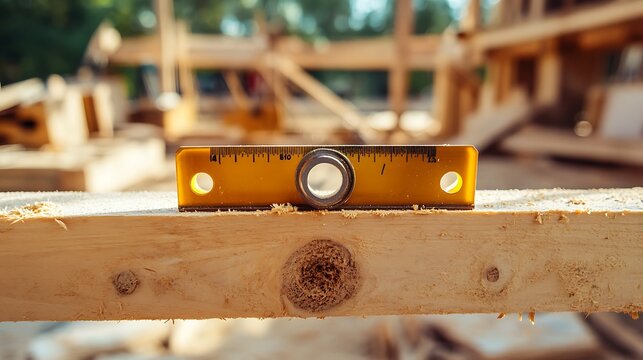 Close-up of a yellow level tool placed on a wooden beam in a sunlit construction site, surrounded by blurred wooden structures