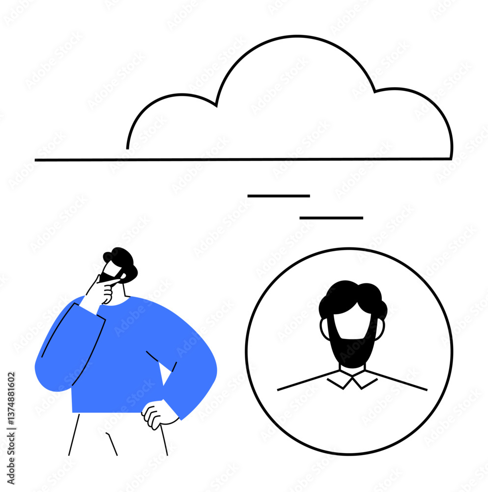Poster man in blue considering data cloud above with a profile avatar in circular frame. ideal for cloud co