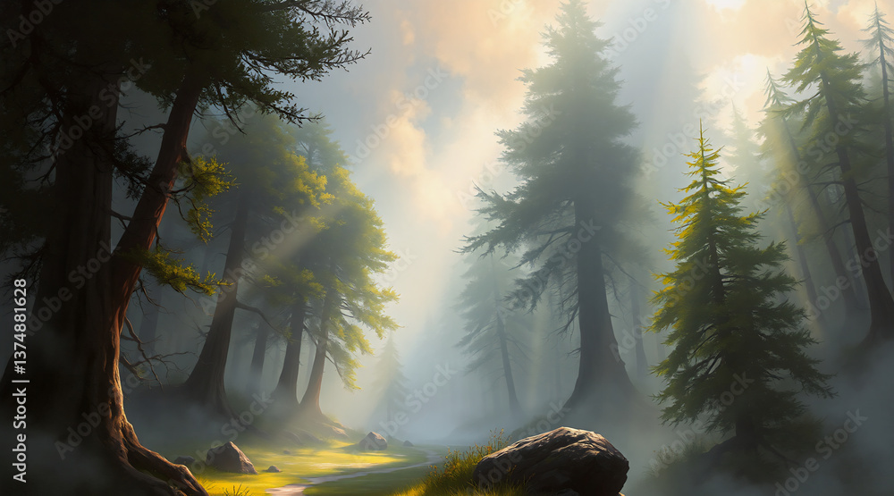 Poster a tranquil forest scene with sunlight filtering through tall trees, creating a misty and ethereal at