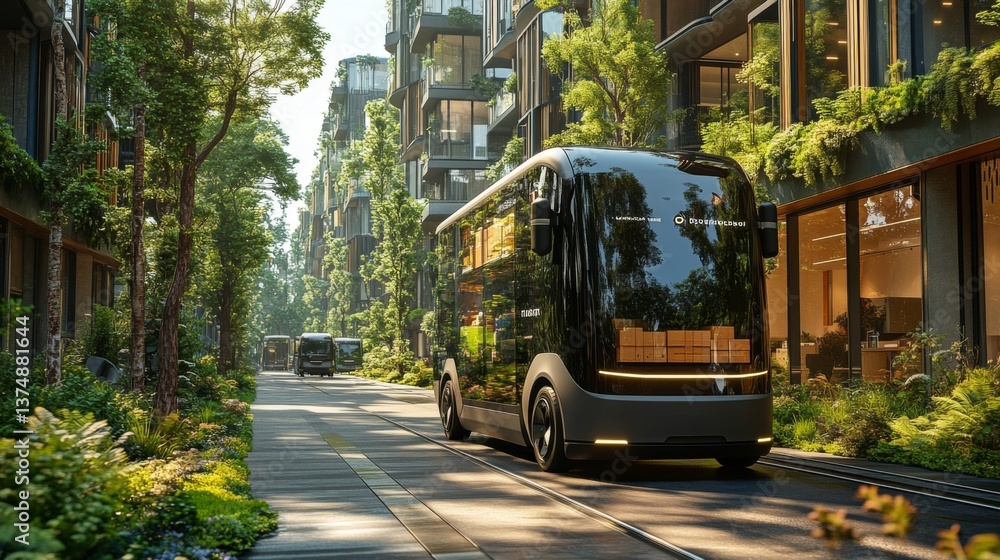 Aufkleber Electric delivery vehicles navigate a lush, green urban area designed for efficient logistics, showcasing a balance between technology and nature while enhancing distribution efficiency.