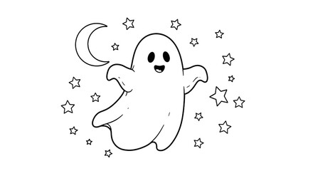 Floating Cartoon Ghost with Crescent Moon and Stars Illustration