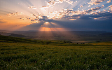 Scenic landscape view featuring sun rays bursting through clouds over a green field and distant hills during golden hour. Peaceful and serene atmosphere.