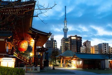 Early morning view from Senso-ji Temple in Asakusa, Tokyo, Japan, with the illuminated Tokyo Skytree rising behind city buildings.