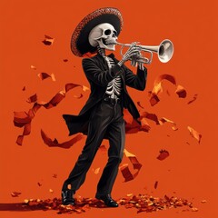Joyful Skeleton Mariachi Trumpeter Celebrates Life With Vibrant Energy Generative AI