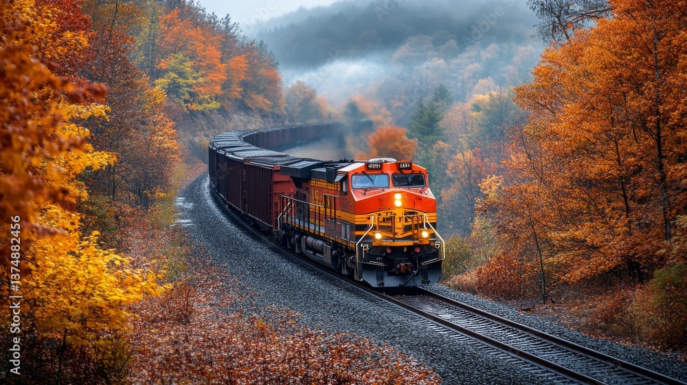 Aufkleber a freight train moves steadily along a curved railway, surrounded by trees in full autumn colors and