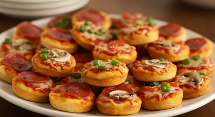 Festive Assortment of Gourmet Mini Pizza Bites on White Platter Ready to Eat