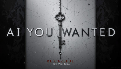 Black and white image, antique key, water droplets, condensation, text "AI YOU WANTED", horror movie poster style, high contrast, suspenseful atmosphere, dark background, vintage typography, mysteriou