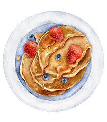 pancakes with strawberries and blueberries and maple syrup on white plate top view hand drawn illustration