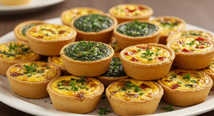 Fototapeta premium Assortment of savory miniature quiches with herbs displayed on white platter