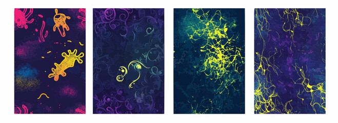 Fluorescent Yellow Fluid Doodles on a Dark Blue to Plum Gradient Background Vector Pattern Set Illustration