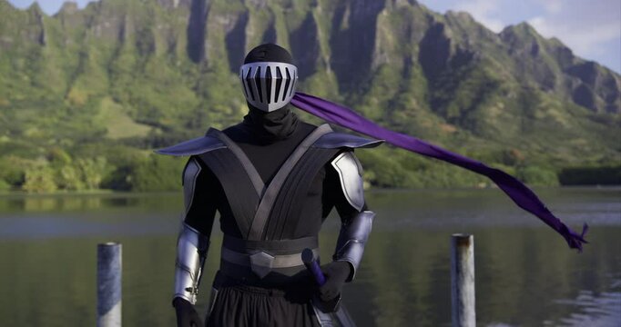 Ninja knight on tropical dock staring at camera as purple scarf blows in the wind