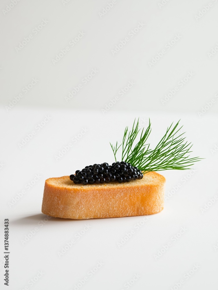 Poster slice of orange-colored bread with a small amount of black caviar on top. the caviar is arranged in 