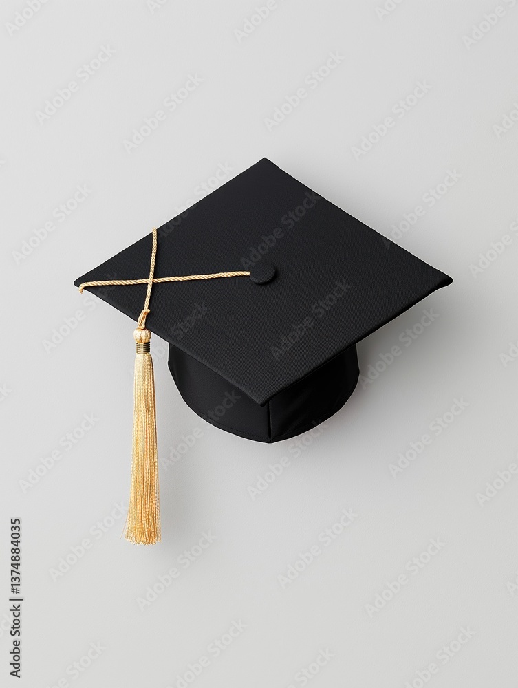 Poster the image is of a black graduation cap with a gold tassel hanging from the top. the cap is square in