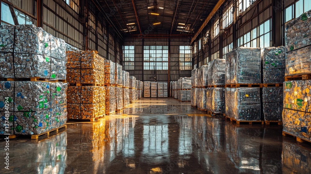 Poster inside a large warehouse, organized stacks of recyclable materials are stored on pallets. the bright