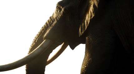 Illuminated Elephant Head with Detailed Tusks and Textured Skin in Dramatic Lighting