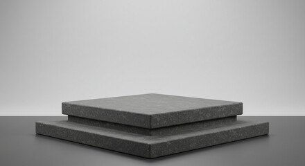 A minimalist grey stone platform, a stage for showcasing products or ideas, sits against a simple neutral backdrop, exuding calm sophistication.
