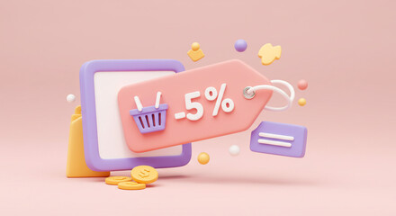 A playful 5% off online shopping deal announced with a cute 3D tag and pastel color scheme.