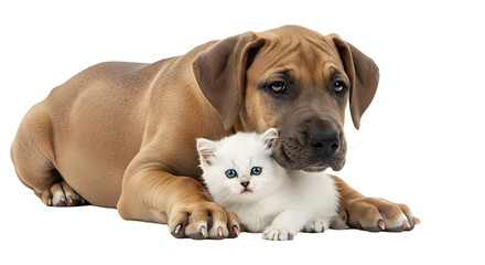 Obraz premium Dog protecting kitten lying down on white backdrop in studio